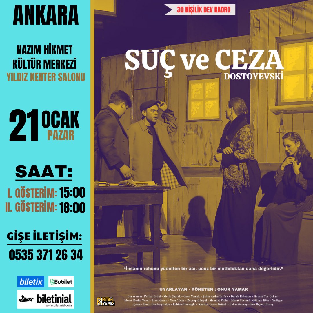 Tüm gösterimleri kapalı gişe sahnelenen “SUÇ ve CEZA” Ankara’da izleyici karşısına çıkıyor!

Biletler: 👉🏼 biletinial.com/tr-tr/tiyatro/…