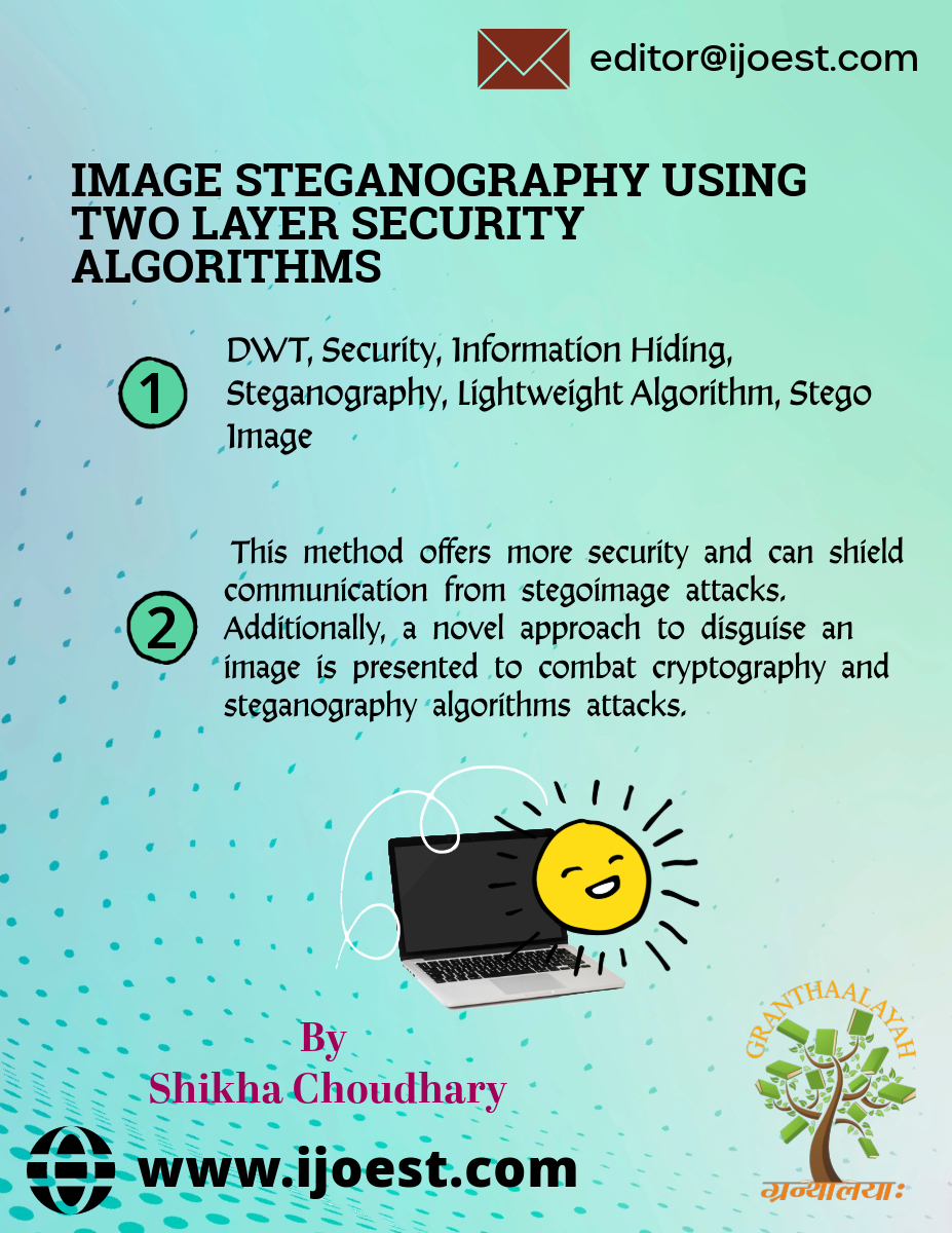 Submission link: bit.ly/3qK37iQ

Read this article on: doi.org/10.29121/ijoes…

Email us: editor@ijoest.com

#granthaalayah #dwt #security #informationhiding #steganography #lightweightalgorithm #stegoimage

"IMAGE STEGANOGRAPHY USING TWO LAYER SECURITY ALGORITHMS"