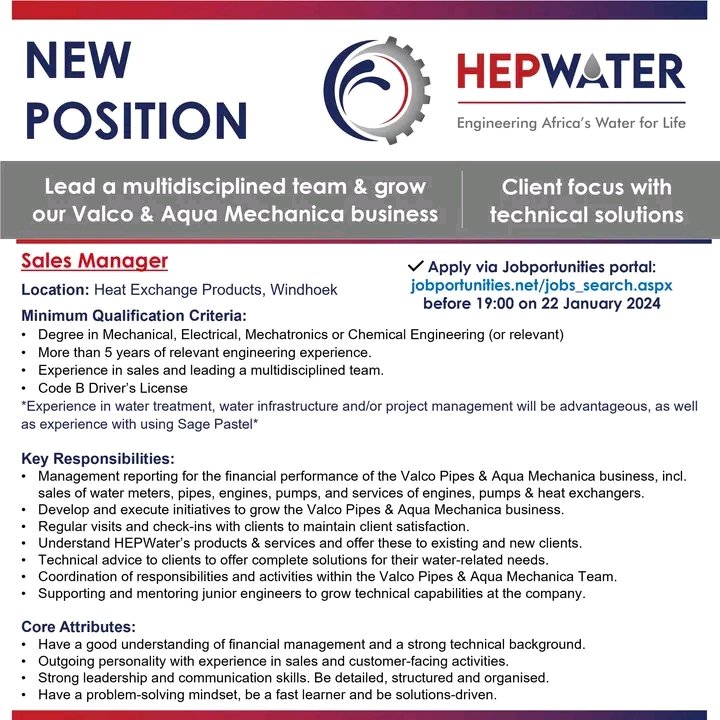 NthabelengDlam3's tweet photo. Opportunities at HEPWater!
Take a look at what sort of candidates we are looking for to join our team!
Do you fit the role? Apply now via the Jobportunities portal!
#jobopportunity #jobs #salesmanager #warehouseofficer #productionofficer #salesengineer https://t.co/J4ToBEABBC