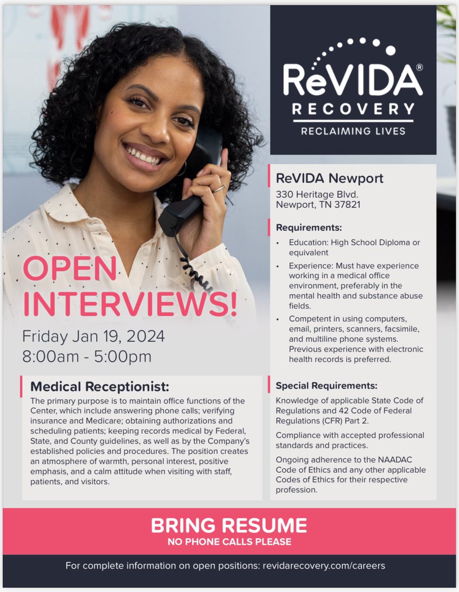 ReVIDARecovery's tweet photo. Hiring Event! 🎈 Friday January 19th 
💚#OPENINTERVIEWS❗️ https://t.co/5aUmelfdRt