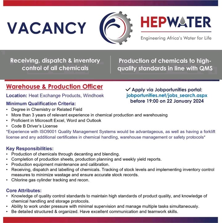 NthabelengDlam3's tweet photo. Opportunities at HEPWater!
Take a look at what sort of candidates we are looking for to join our team!
Do you fit the role? Apply now via the Jobportunities portal!
#jobopportunity #jobs #salesmanager #warehouseofficer #productionofficer #salesengineer https://t.co/J4ToBEABBC