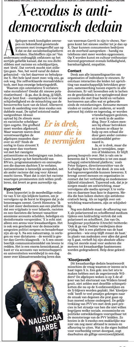 Prachtstuk van Nausicaa Marbe over de X-exodus van Eric Smit, Gerrit Hiemstra en Kro-Ncrv en anderen. 

Het ’klootjesvolk’ heeft te veel praatjes gekregen naar de smaak van degenen die prat gaan op hun moreel schone ondergoed 🎯
