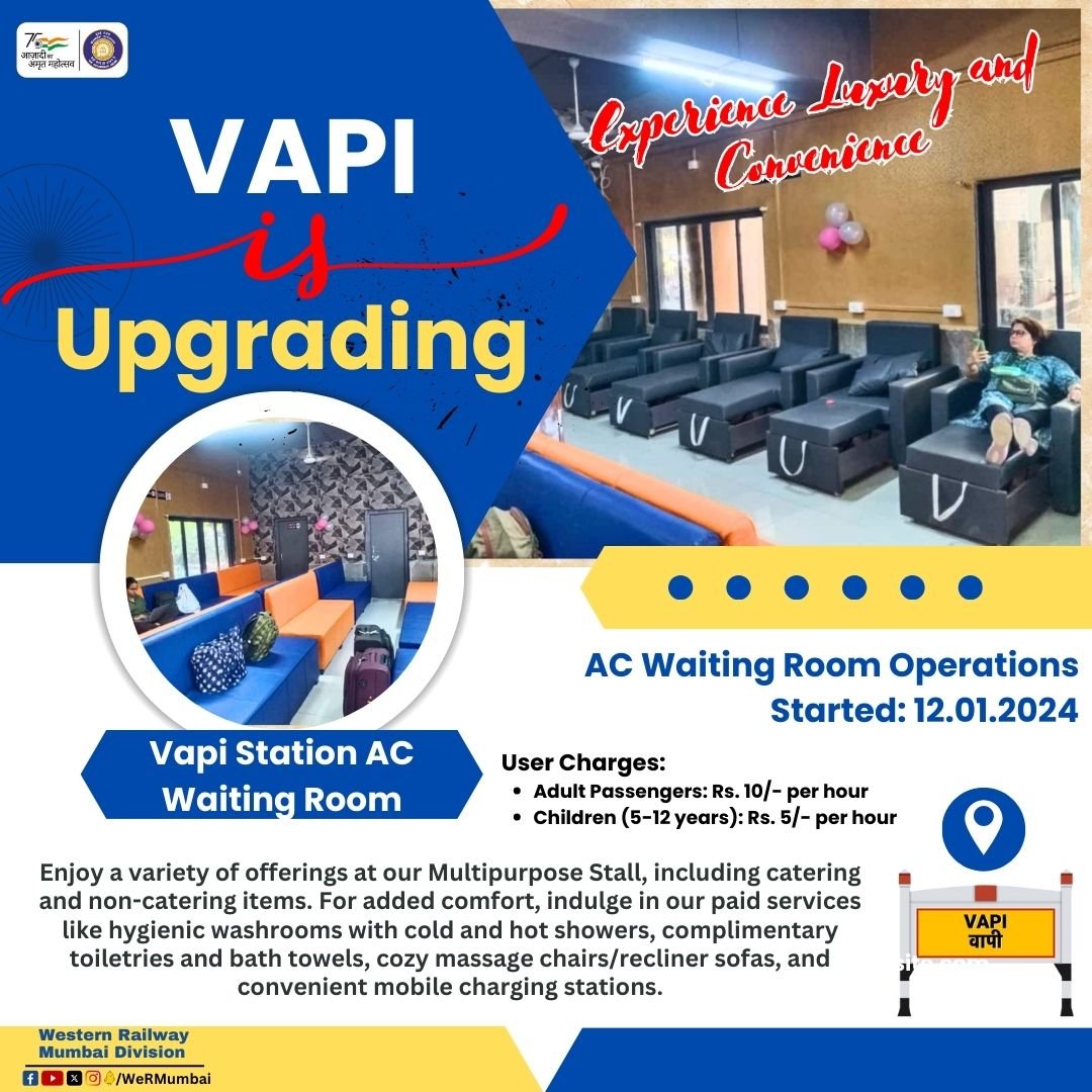 All Aboard the Comfort Express! Exciting news at Vapi Station, Mumbai  Central Division, WR! Our AC Waiting Room is now a haven of modern  amenities, delicious treats, and relaxation. Your trusted caterer