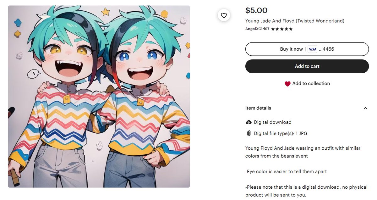 mewdove's tweet photo. So I don't like making big deals about things but... When I was on etsy looking at twisted wonderland merch i found this being sold which is CLEARLY AI. I'd suggest the item be reported as they're trying to profit off of stolen work. https://t.co/QDjvbxjyYo