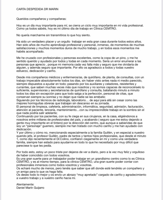 DrMarinGuijarro's tweet photo. Carta despedida a mis compañer@s…pronto empezaremos dos nuevos proyectos… https://t.co/0ORmldYqPl