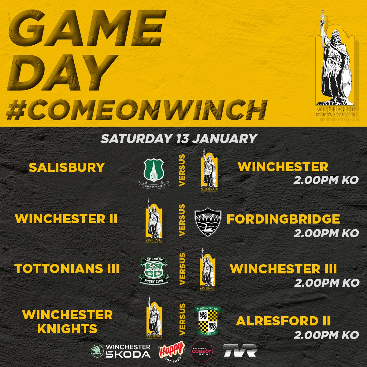 Winchester RFC (@winchesterrfc) on Twitter photo GAAAAME DAAAAY!!
1st XV away vs <a href="/salisburyrfc/">Salisbury RFC</a>
2nd XV home vs <a href="/FRFC/">Fordingbridge RFC</a>
3rd XV away vs @tottonians_rfc
Knights XV home vs <a href="/AlresfordRFC/">Alresford RFC</a>
@chartersestatea @winchesterskoda @happyhottubs <a href="/TVR/">TVR Cars Official</a> <a href="/winchcomedyfest/">Winchester Comedy</a> <a href="/jrsportphoto/">Jose Ribeiro Photography</a>
#comeonwinch #winchester #Rugby #oneclub GAAAAME DAAAAY!!
1st XV away vs <a href="/salisburyrfc/">Salisbury RFC</a>
2nd XV home vs <a href="/FRFC/">Fordingbridge RFC</a>
3rd XV away vs @tottonians_rfc
Knights XV home vs <a href="/AlresfordRFC/">Alresford RFC</a>
@chartersestatea @winchesterskoda @happyhottubs <a href="/TVR/">TVR Cars Official</a> <a href="/winchcomedyfest/">Winchester Comedy</a> <a href="/jrsportphoto/">Jose Ribeiro Photography</a>
#comeonwinch #winchester #Rugby #oneclub