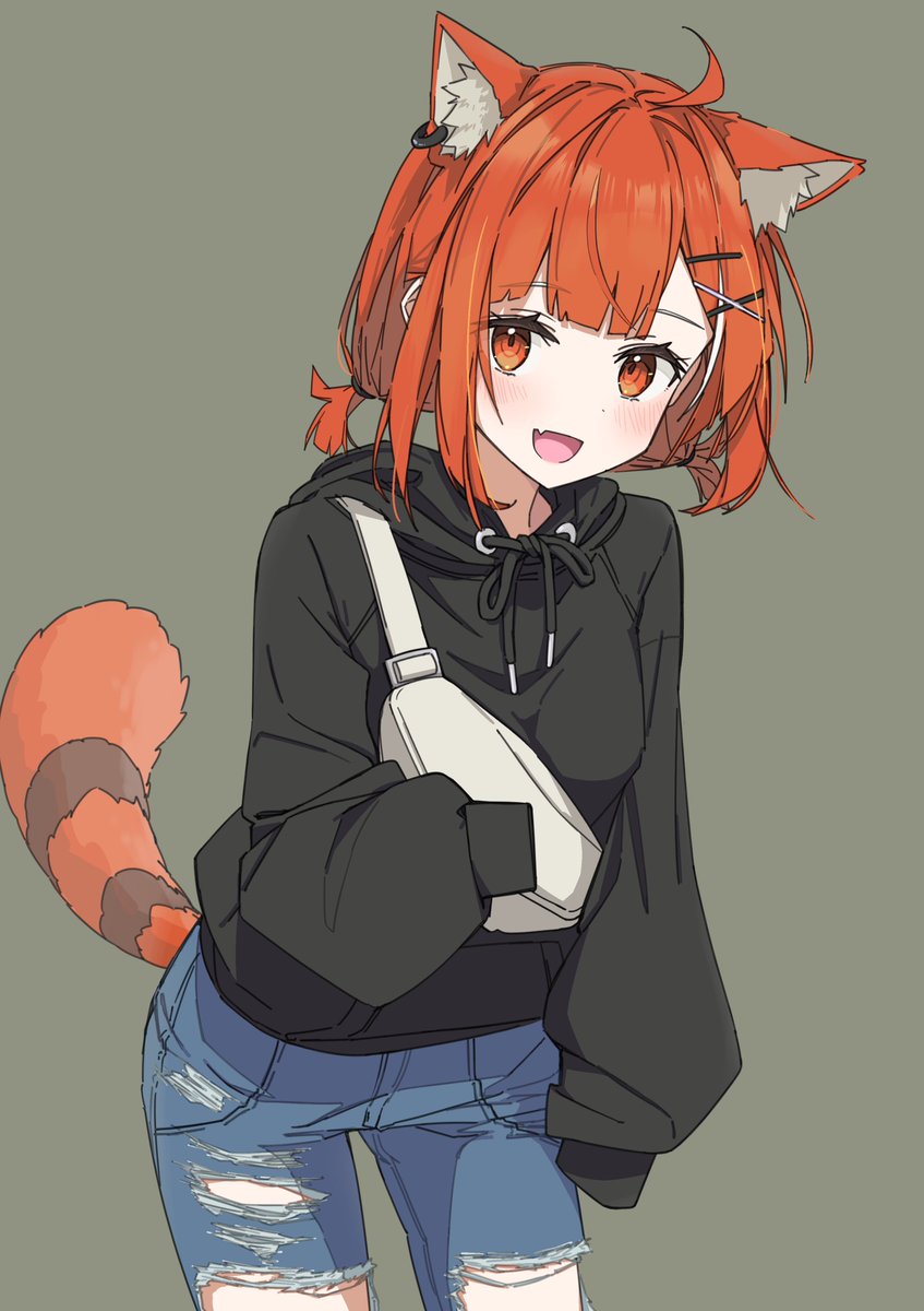 1girl animal ears tail solo torn pants hood pants  illustration images