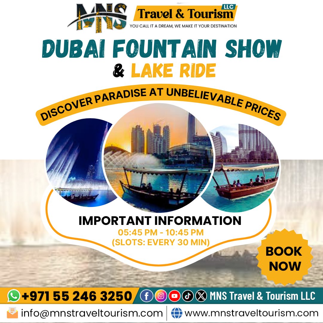 mnstravel's tweet photo. Dubai Fountain Show &amp; Lake Ride Tour.
*𝗜𝗺𝗽𝗼𝗿𝘁𝗮𝗻𝘁 𝗜𝗻𝗳𝗼𝗿𝗺𝗮𝘁𝗶𝗼𝗻:
• 05:45 PM–10:45 PM (slots: every 30 min)
Book Your Tour Right Now Through Our Website https://t.co/1LussyFr4X
Contact Us: +971 55 246 3250
.
.
#dubaifountainshow #mnstraveltourism #dubaifountain https://t.co/sDnlTHit0w