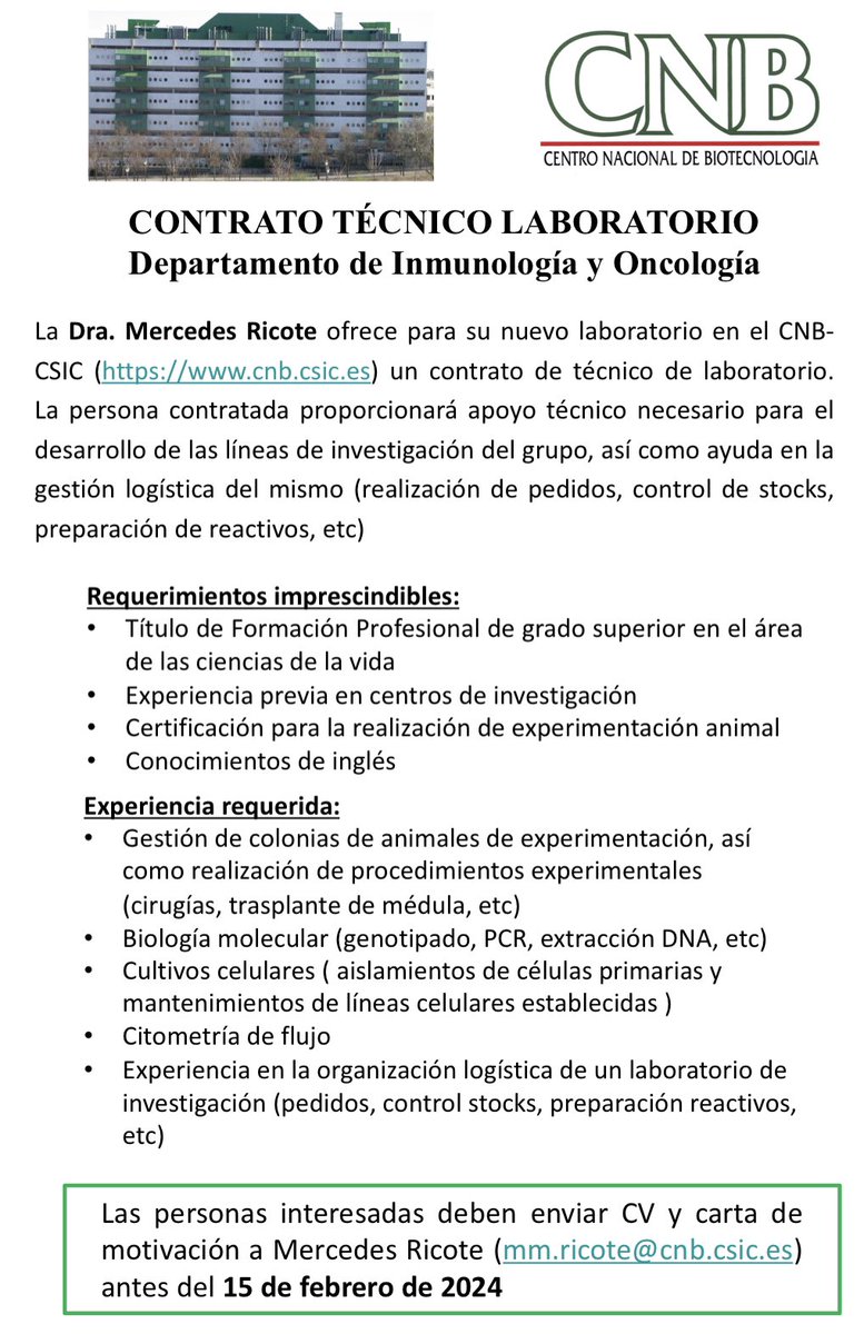 BBM_UCM's tweet photo. Contrato de técnico de Laboratorio en el CNB 👇 #Cienciajobs #investigacionyciencia https://t.co/kpPapzfgpb