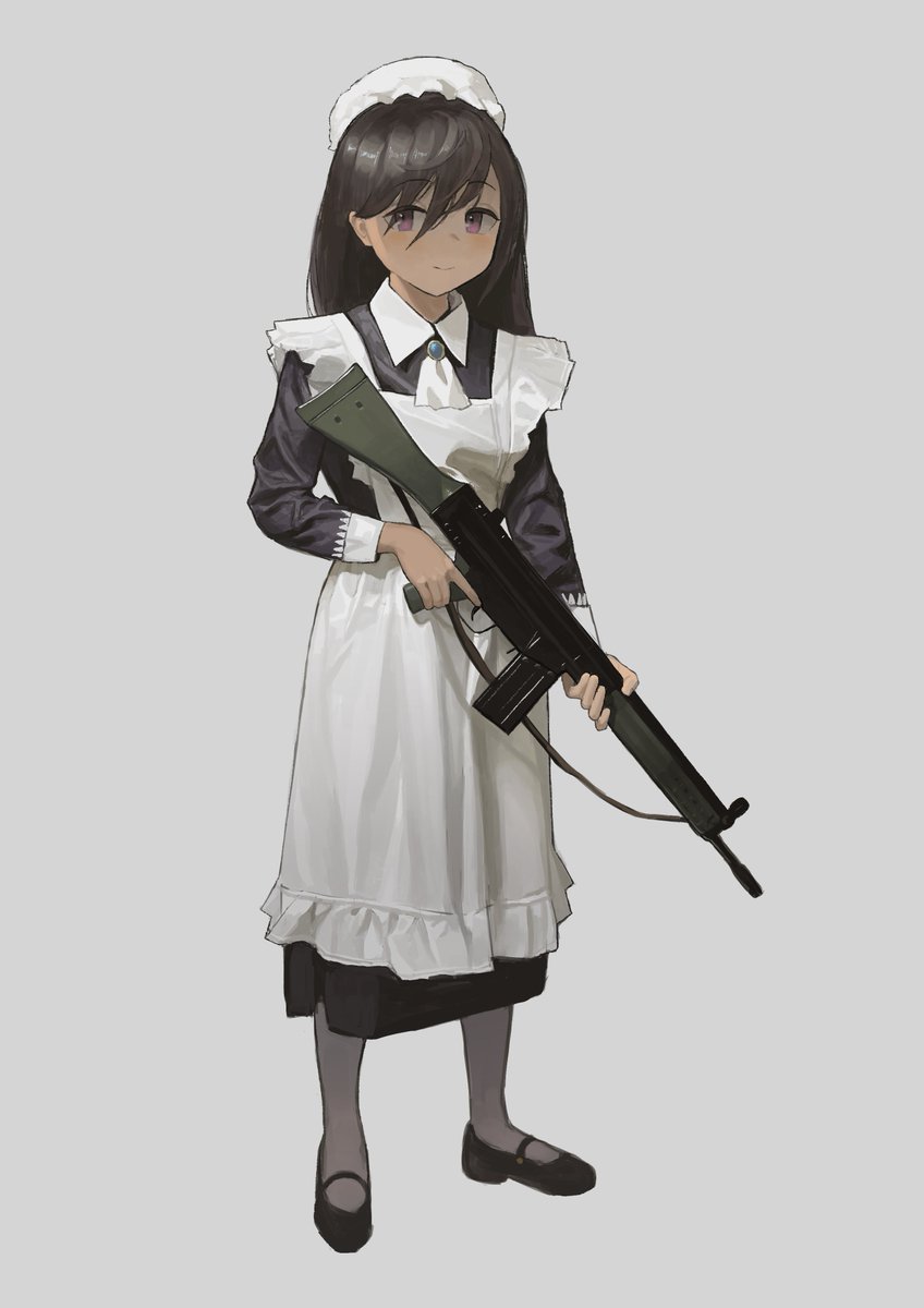 1girl solo weapon gun apron maid holding  illustration images