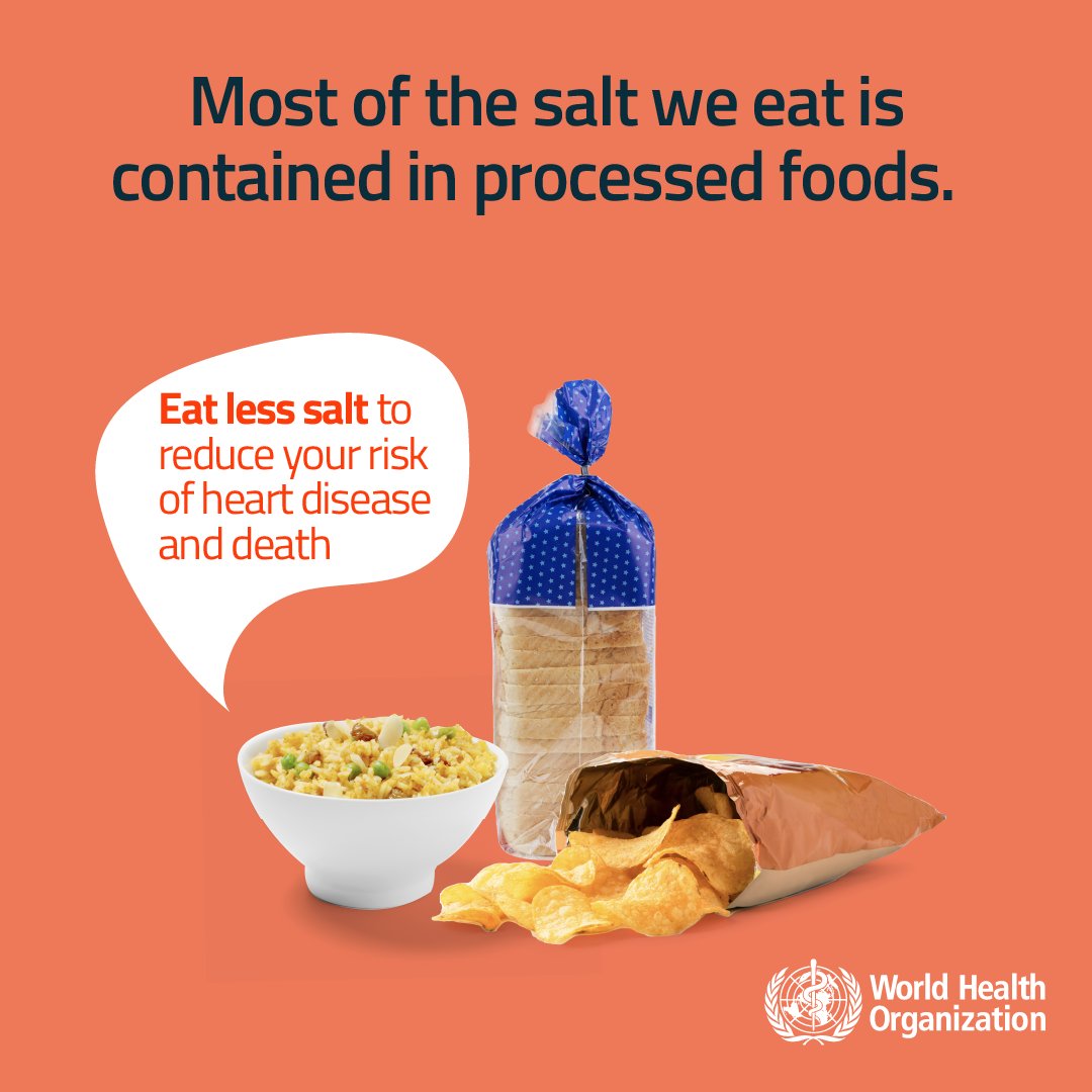 WHO's tweet photo. Most of the salt 🧂 we eat is contained in processed foods.  

Eat less salt to reduce your risk of heart disease and death 👉https://t.co/yIHqCqhru2 https://t.co/MFV8y8n4K0