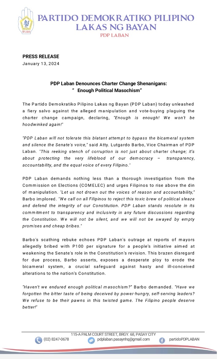PDP Laban Denounces Charter Change Shenanigans: "Enough Political Masochism