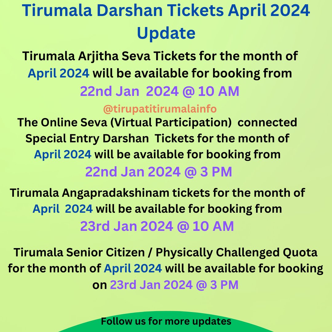 tirupati_info's tweet photo. Tirumala Darshan Tickets April 2024 Quota Update
#ttd #tirumala #Arjithasevas #April #January #electronicluckydip #angapradakshinam #seniorcitizen #phquota #virtualseva https://t.co/7GGaLLZfpU