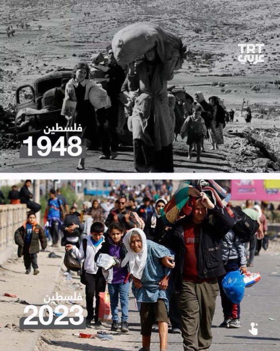 The Nakba 1948 vs 2023💔🇵🇸 75 years of ethnic cleansing and displacement of Palestinian civilians.