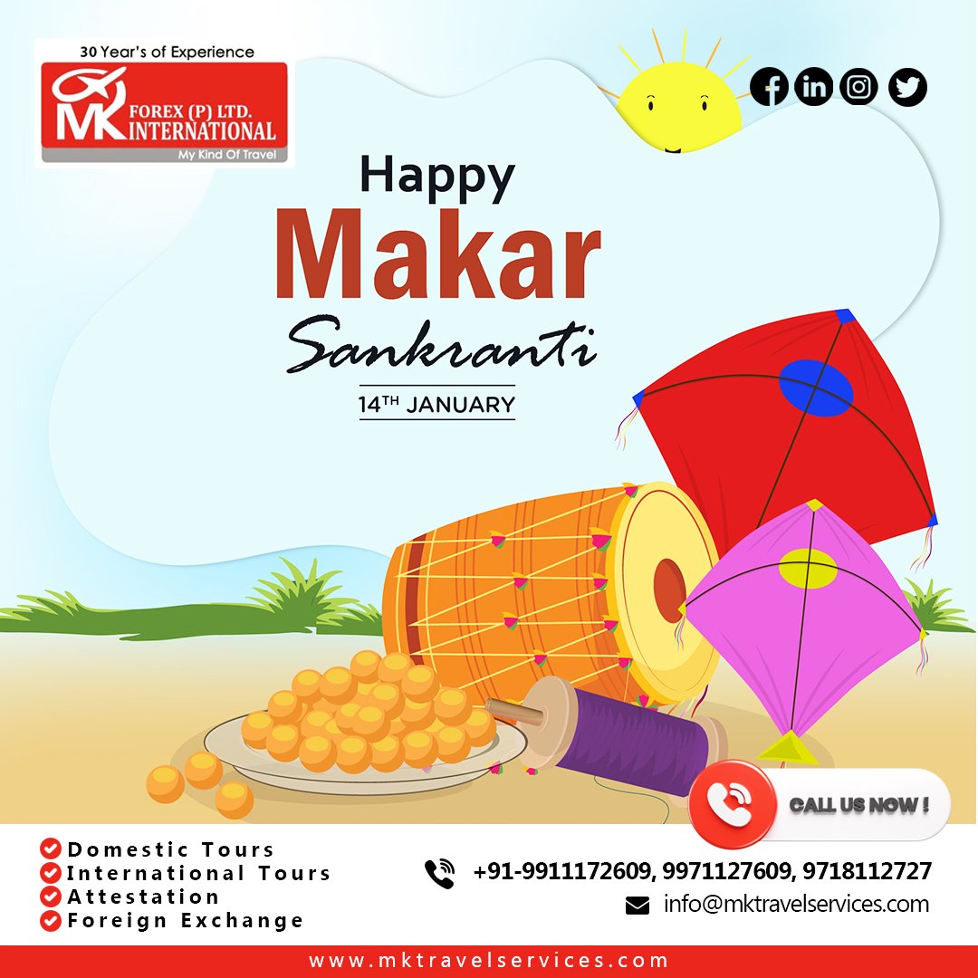 MK Travels extends warm Makar Sankranti wishes to all! May the festive vibes soar high, just like kites in the sky. May this harvest festival bring prosperity, joy, and success. Team MK Travels wishes you a delightful celebration! #MakarSankranti  #TravelWithMK #VisaAssistance