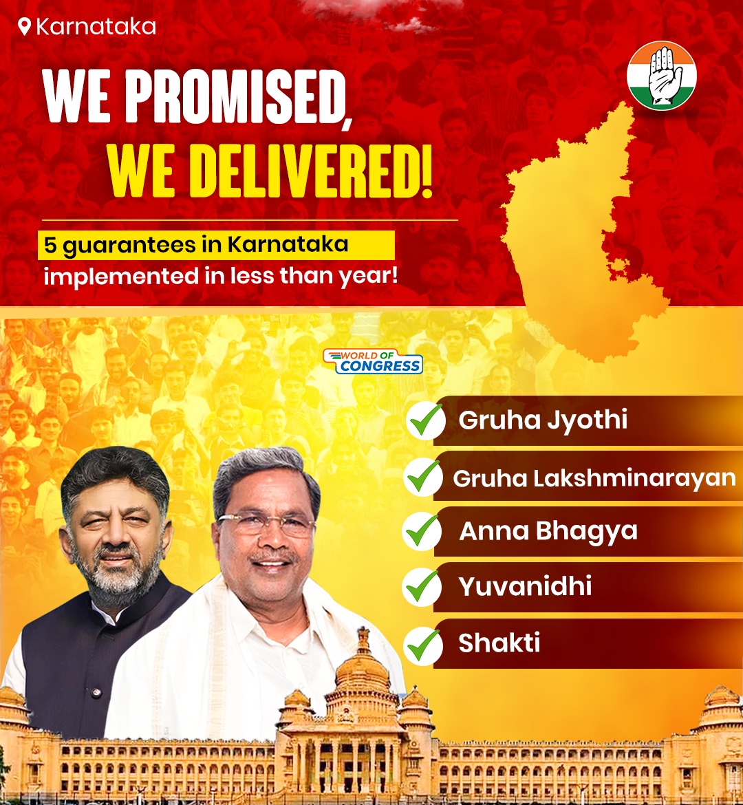 Karnataka Congress gov delivered all the 5 promises they promised in the Elections.

 ➡️Gruha Jyothi

 ➡️ Gruha Lakshminarayan

 ➡️ Anna Bhagya

 ➡️ Yuvanidhi

 ➡️ Shakti 

The Congress does what it says. 🔥✊