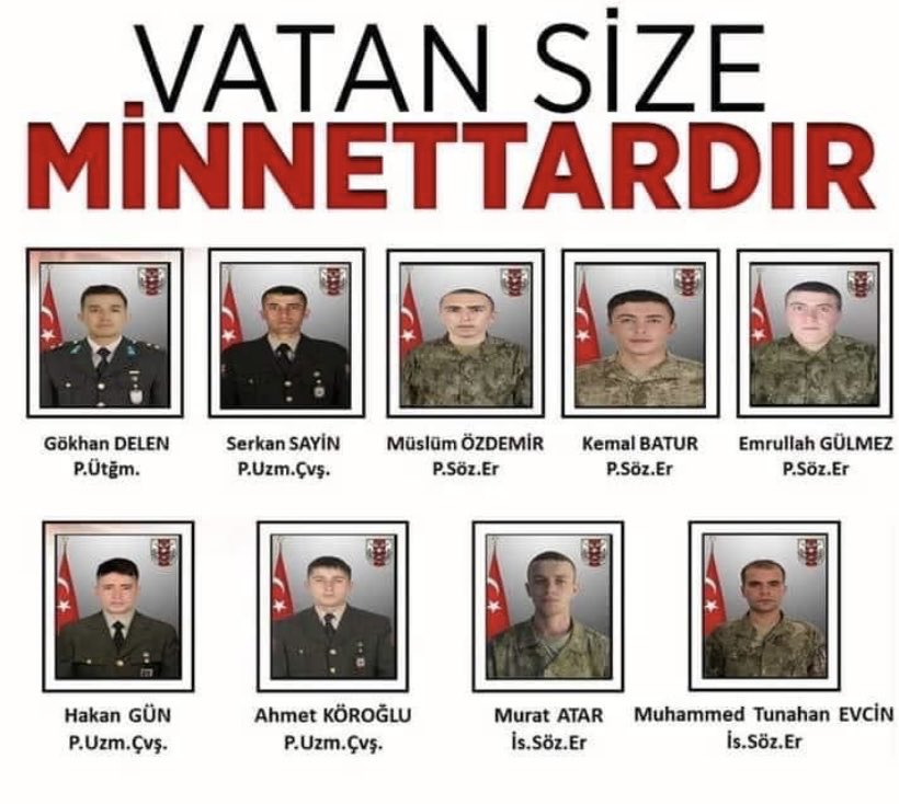 Kahraman şehitlerimize allahtan rahmet yaralı askerlerimize acil şifalar dilerim Türkiye’nin başı sağolsun