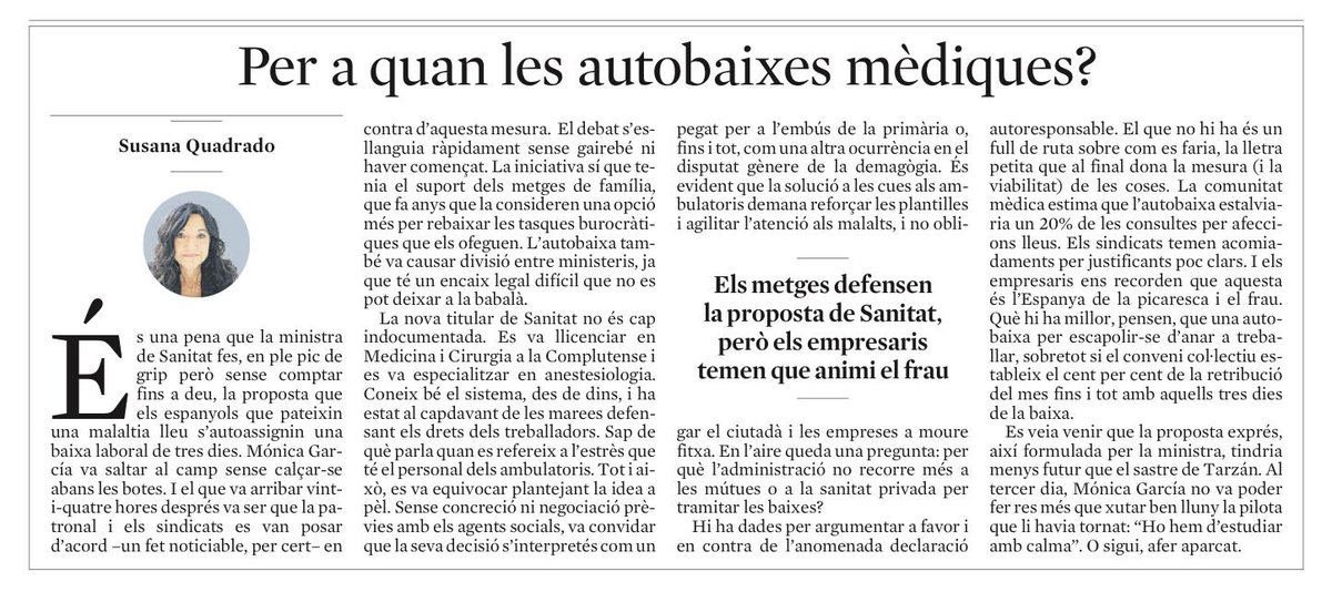 Jaume Padrós (@jaumepadros) on Twitter photo 'Per a quan les baixes mèdiques ?', bona reflexió de <a href="/squadrado/">Susana Quadrado</a> avui a <a href="/LaVanguardia/">La Vanguardia</a> Vull precisar el següent: 'Per a quan les baixes mèdiques ?', bona reflexió de <a href="/squadrado/">Susana Quadrado</a> avui a <a href="/LaVanguardia/">La Vanguardia</a> Vull precisar el següent: