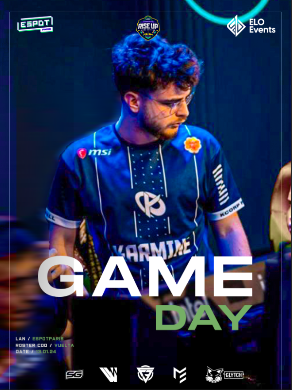 [#RiseUp5 Lan GameDay 1]

<a href="/espotparis/">ESpot</a> x <a href="/Events_ELO/">ELO Events 𝕏</a> will kick-off in 30 minutes. 🔥

Come watch our COD roster competing at
➡️ twitch.tv/espot_tv

🟢 <a href="/Nervs7/">N</a>
⚪ <a href="/DustinM191/">d</a>
🟢 @MaysonlVl
⚪ <a href="/Eliooti/">Eliot</a>
🟢 <a href="/NNicko__/">Nicko</a>

📷 Design by <a href="/Agency_VP/">AGENCE VP PROJECT</a>