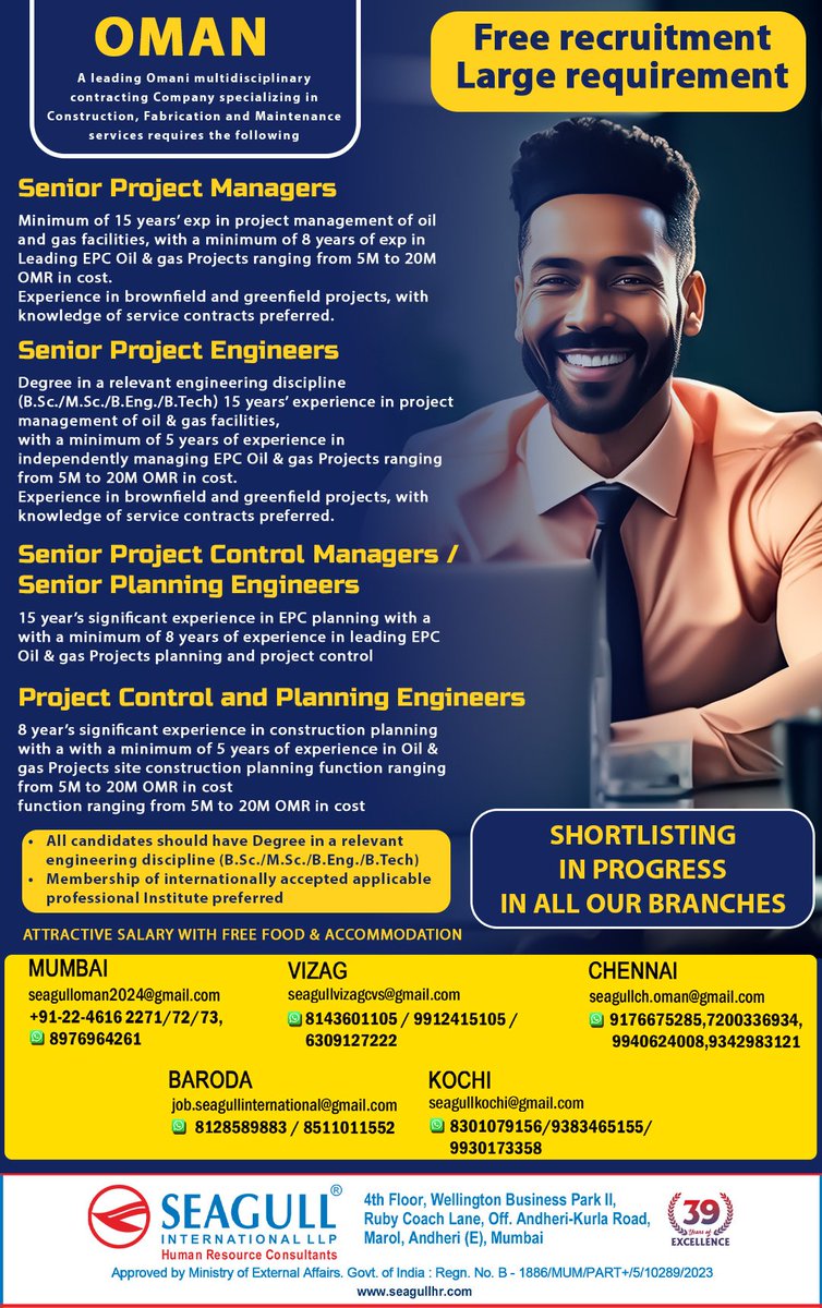 hrd1_seagull's tweet photo. 🇴🇲Oman Jobs 
‼️Free Recruitment 
✔️Large Requirement
📝Shortlisting In Progress 
📍Location - Mumbai , Vizag , Chennai , Baroda , Kochi
.

.

.
#omanjobs #seagull #mumbaijobs #vizagjobs #chennaijobs #barodajobs #kochijobs #seniorprojectmanagers #seniorprojectengineers https://t.co/2IEEOpsvEF