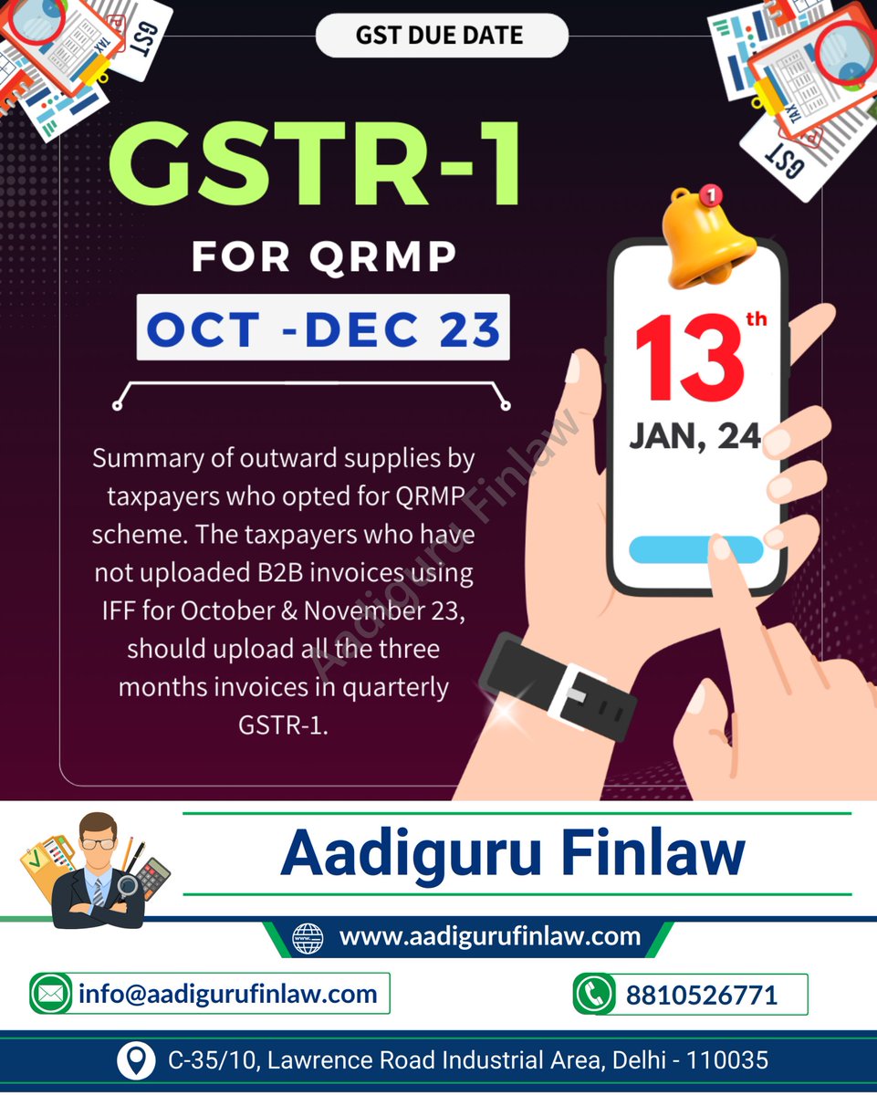 GST DUE DATE

GSTR-1 FOR QRMP
OCT - DEC  23

#gstr #gst #gstduedate #gstupdates #gstcompliance #gstindia #duedate #gstreturn #gstknowledge #gstreturns #cbic #tax #gstportal #gstnews #gstrules #goodandservicetax #gstlaw #cgst #gstalert #sgst #salestax #gstnotifications