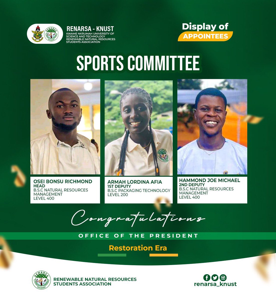 Renarsa_Knust's tweet photo. The executive committee is elated to introduce to you the appointees who are going to steer the affairs of the sports committee for the Wisdom-Yung led Administration.
𝗖𝗼𝗻𝗴𝗿𝗮𝘁𝘂𝗹𝗮𝘁𝗶𝗼𝗻𝘀,𝘀𝗲𝗿𝘃𝗲 𝘄𝗲𝗹𝗹🥳🥳🥳🥳
#RestorationEra https://t.co/r9rV71EAJ0