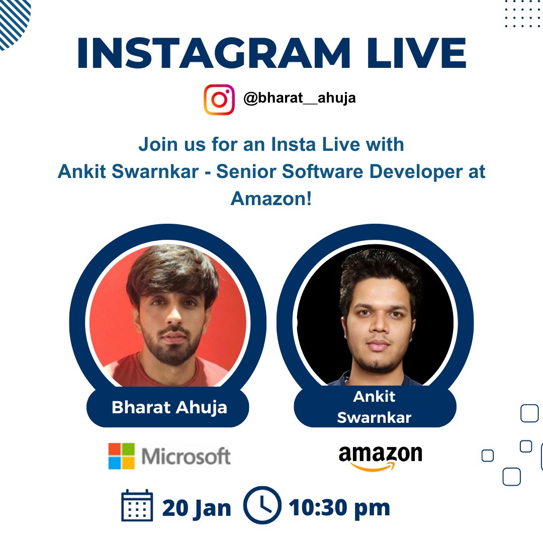 Over the last few weeks, many people have DM'd me, curious about my college journey as an average student contemplating leaving CSE. 

Considering an Insta Live with my roommate Ankit SwarnkarSenior Software Devloper Engineer at Amazon Seattle Washington for you to ask questions.
