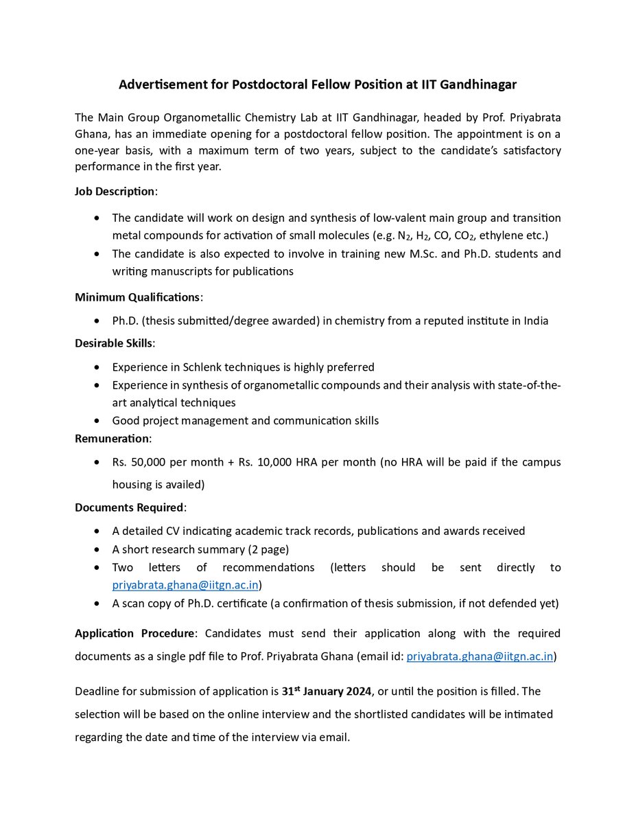 🚨Job Alert🚨 #postdoc hiring Pls #share Interested in Postdoc opportunities in Synthetic Main Group & Organometallic Chemistry? We have a funded #postdoc position available in our group to work on multiple exciting projects on small molecule activation at @iitgn Gandhinagar