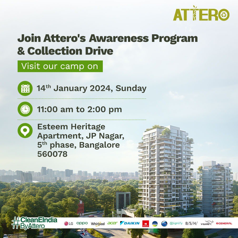 AtteroIndia's tweet photo. Channel the power of sustainability to fuel a green future with #Attero!
Join our E-Waste #CollectionDrive on Sunday, January 14th, from 11:00 am to 2:00 pm at Esteem Heritage Apartment, JP Nagar, 5th Phase, Bangalore (560078)
#AtteroRecycling #CleanEIndiaByAttero #Bangalore https://t.co/n378OCqwoF