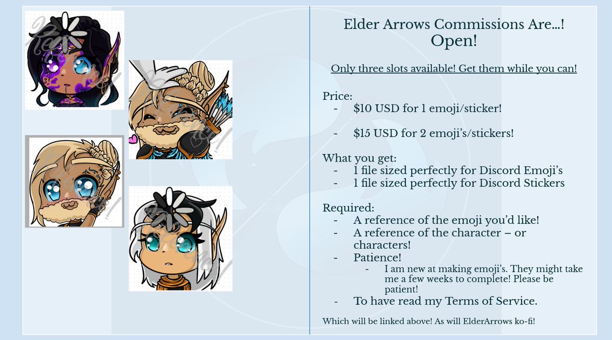 TheElderArrow's tweet photo. 𝓗𝓔𝓛𝓛𝓞 𝓜𝓨 𝓒𝓞𝓜𝓜𝓘𝓢𝓢𝓘𝓞𝓝𝓢 𝓐𝓡𝓔 𝓞𝓟𝓔𝓝!

Please read my Terms of Service before reaching out for a commission slot!
All business (such as discussion and payment) will be done through my ko-fi, no exceptions! 

𝕜𝕠-𝕗𝕚: https://t.co/5ErPdzgxt9 https://t.co/lCvCGBXPp5