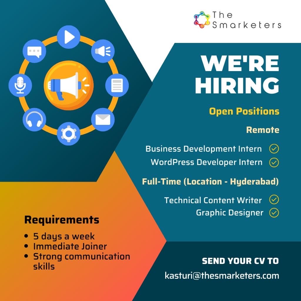 WE ARE HIRING!

The Smarketers is seeking for candidates for the following positions:

1. Business Development Intern 
2. Wordpress Developer Intern 
3. Technical Content Writer 
4. Graphic Designer 

Send your updated CVs to kasturi@thesmarketers.com today
#Hiring #HyderabadJobs
