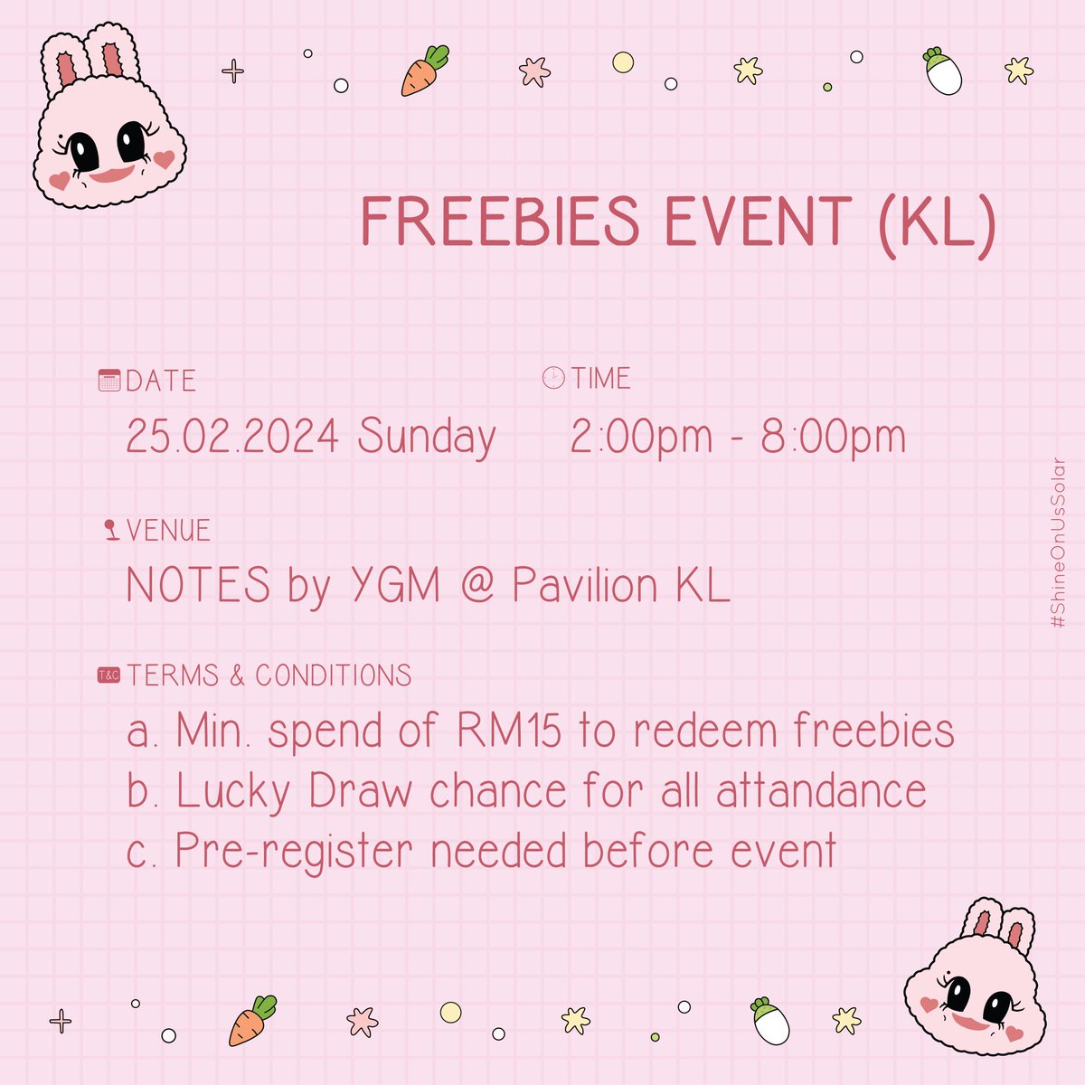 Mamoo_TeamMT's tweet photo. @notesbyygm @IpdeokCafe 🐰 Solar Birthday Event 2024🐰
HAPPY YONGDAY
#ShineOnUsSolar
KL Area
🗓️ 25.02.2024
🕑 2pm - 8pm
📍 @notesbyygm @ Pavillion KL
Pre-Register Link
https://t.co/bqwZHWdr6q
Pre-Register will receive special gift 😎
#mamamoo #solarkeem #金容仙 #頌樂 #ShineOnUsSolar https://t.co/Boyr1KRjVA