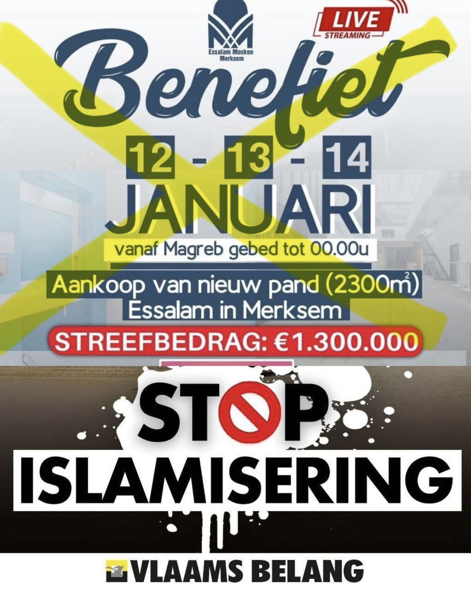 1.300.000€ voor een nieuwe megamoskee in #Antwerpen #Merksem van 2300m2… @Bart_DeWever kijkt de andere kant op en doet alsof zijn neus bloedt. #VlaamsBelang: de enige dam tegen #Antwerpistan! #StopIslamisering