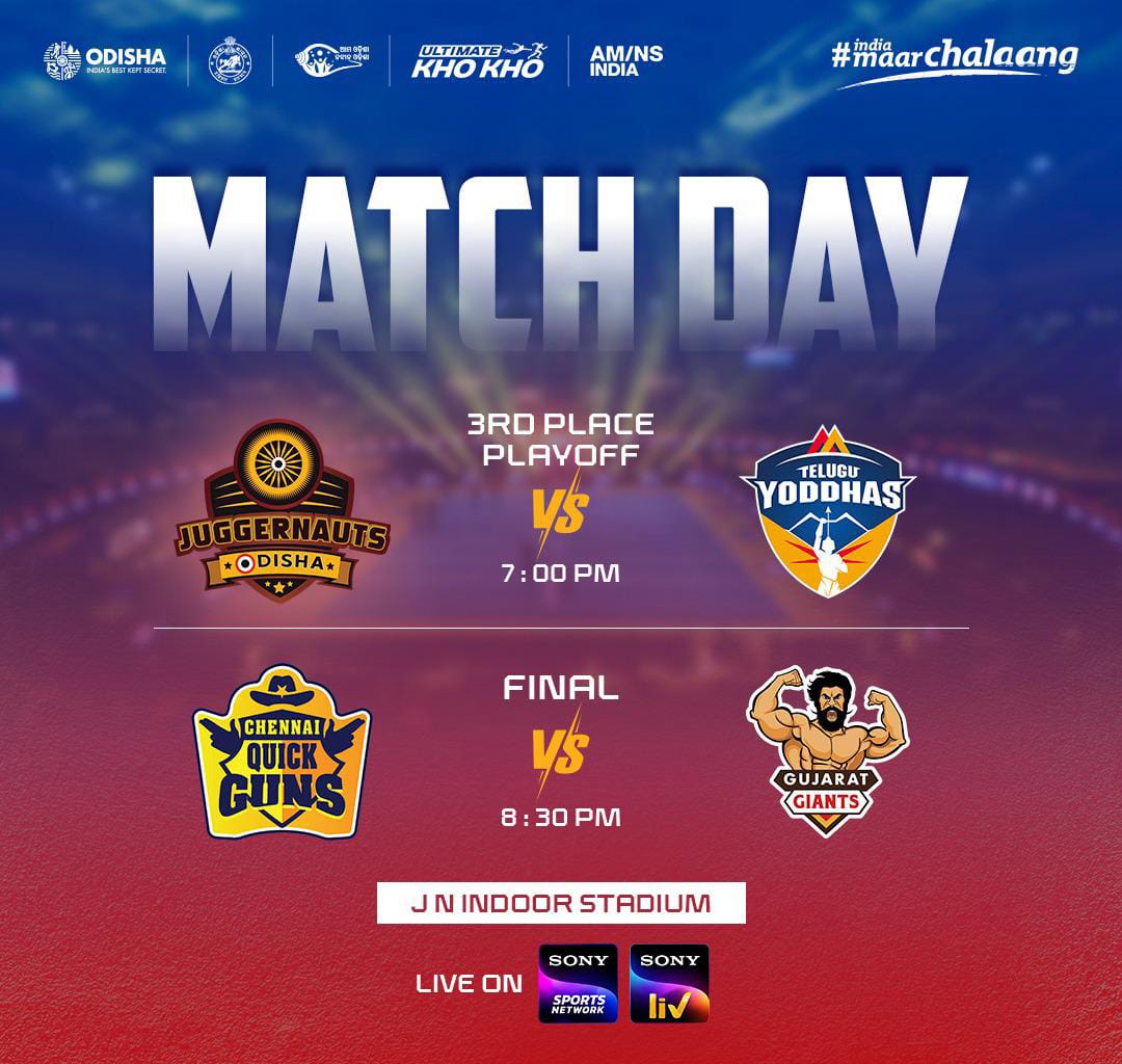 sports_odisha's tweet photo. 𝐌𝐀𝐓𝐂𝐇𝐃𝐀𝐘 🏳️

@od_juggernauts will face @TeluguYoddhas for 3rd place, while @GujaratGiants will take on @ChnQuickGuns in the thrilling final at JN Indoor Stadium, Cuttack. 

#OdishaForKhoKho #KhoOdishaKho https://t.co/QsTVkJy9XQ