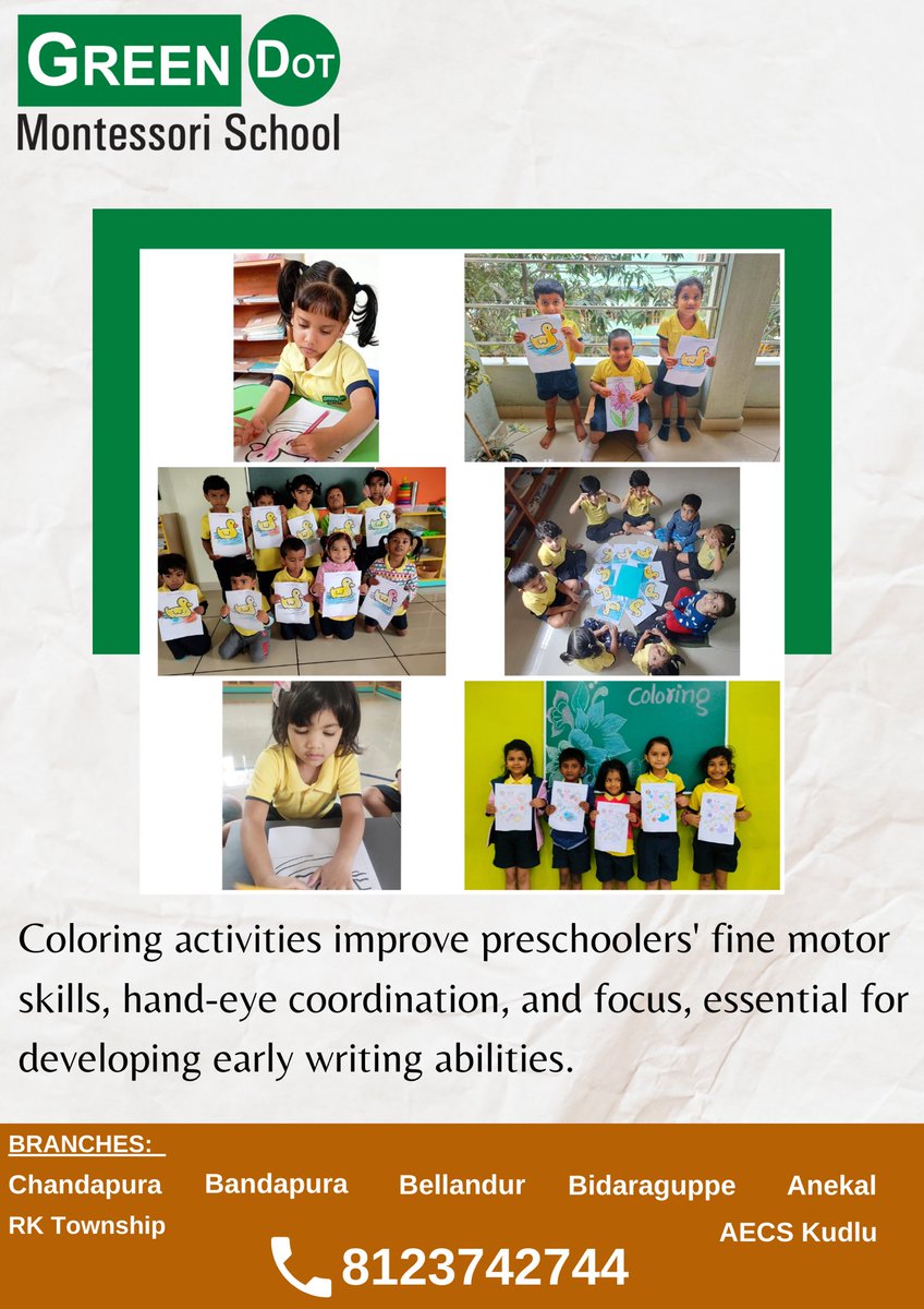 GreendotM's tweet photo. Coloring activities improve preschoolers' fine motor skills, hand-eye coordination, and focus, essential for developing early writing abilities.

#greendotmontessorischool #bestmontessorischool #preschoollearning #montessorieducation #montessori #montessorischool #activity https://t.co/Hjo9pUCX7F
