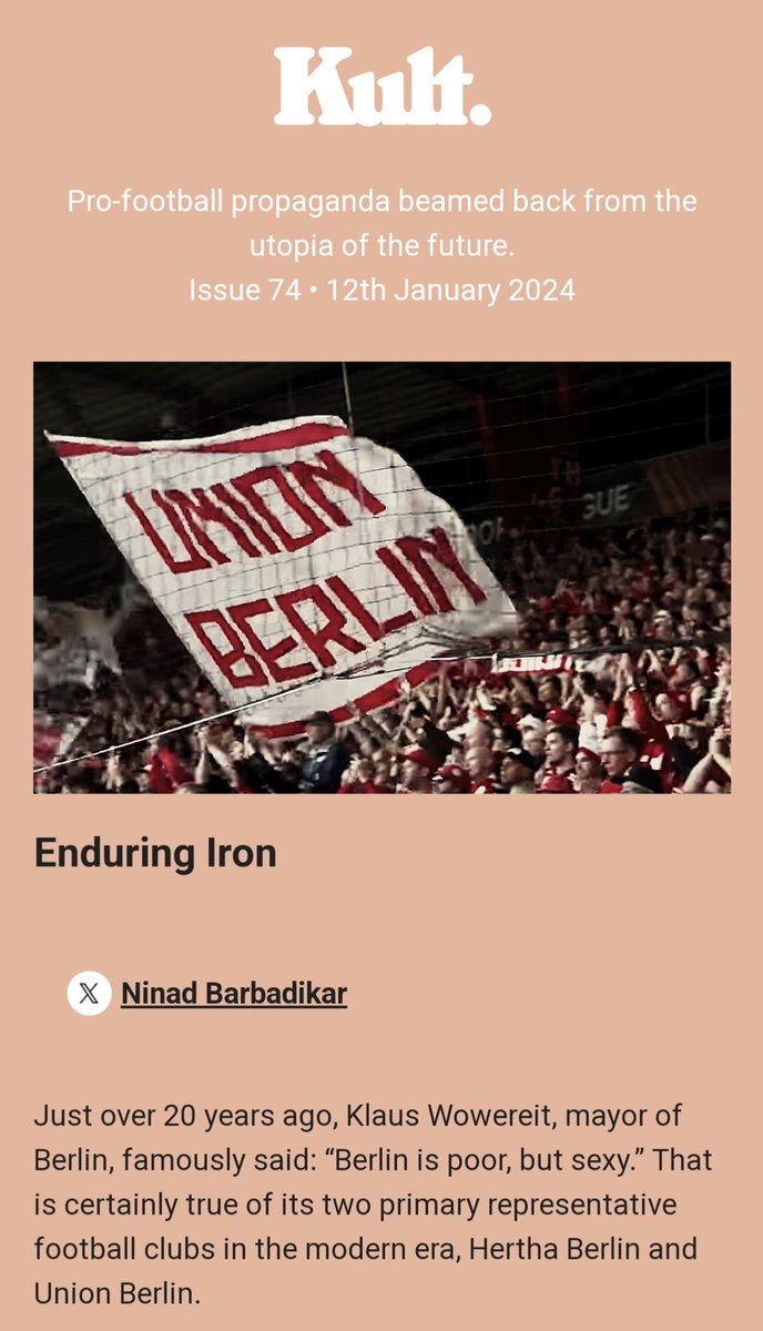 🆕 More Bundesliga reading for you today - This one is a deeper reflection on Union Berlin's success over the past couple of seasons and their subsequent decline this year. A defining period ahead for Die Eisernen. 

✍️ For @KultFC -
mailchi.mp/kultfc/endurin…