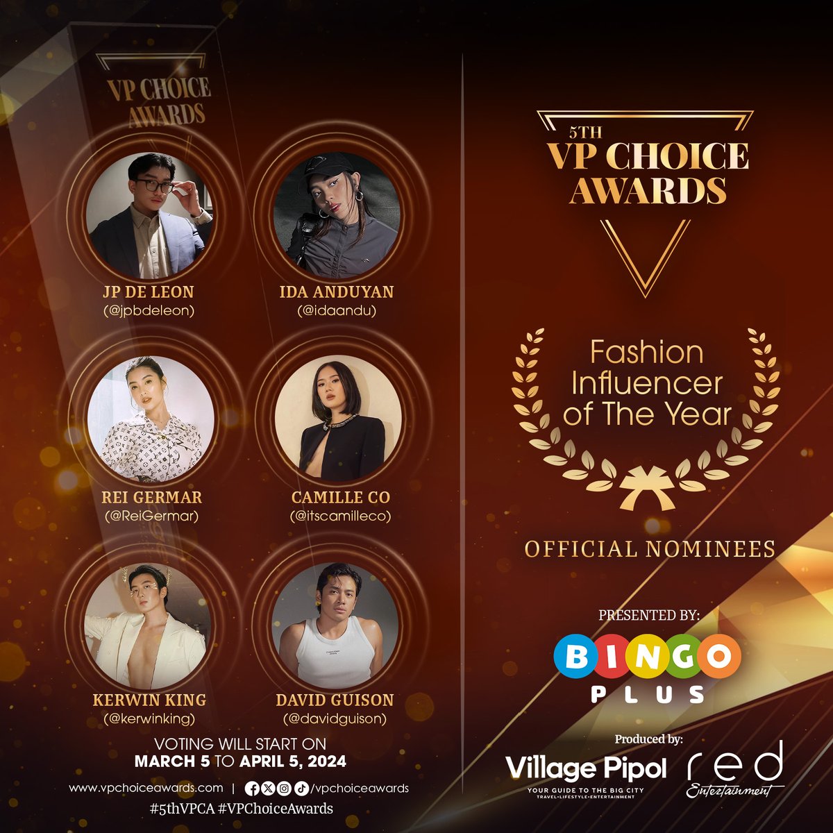 vpchoiceawards's tweet photo. Here are the #5thVPChoiceAwards official nominees for 🏆Fashion Influencer of the Year ✨

Pipol, you have the power to choose this year's winner! Voting will open on March 5 to April 5, 2024. For more details, visit: https://t.co/1amPebmnRd 

#5thVPCANomineesReveal #5thVPCA https://t.co/CjHo8xVW18