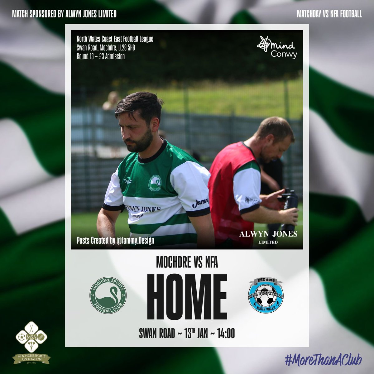 ITS MATCH DAY! ⚽️⚽️⚽️

📅 Sat 13th January
🕑 2pm Kick off
🆚 <a href="/NFAFootball_/">N . F . A ⚽️</a> 
🏆 NWCFA Premier Division (East)
🏟 Swan Road, Mochdre

Matchday Sponsors: Alwyn Jones LTD, <a href="/ConwyMind/">Conwy Mind</a> 
Matchday Graphics: Jammy Design

🟩⬜️🟩⬜️
⚽️🦢