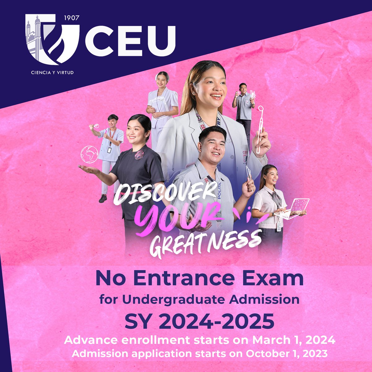CEUmanila's tweet photo. Discover your greatness with Centro Escolar University!

There will be NO ENTRANCE EXAM for Undergraduate Admission for SY 2024-2025.

Get started with your application by visiting our CEU Admissions Portal (https://t.co/hiapJ75aiZ). https://t.co/CoOzvK4Z9V
