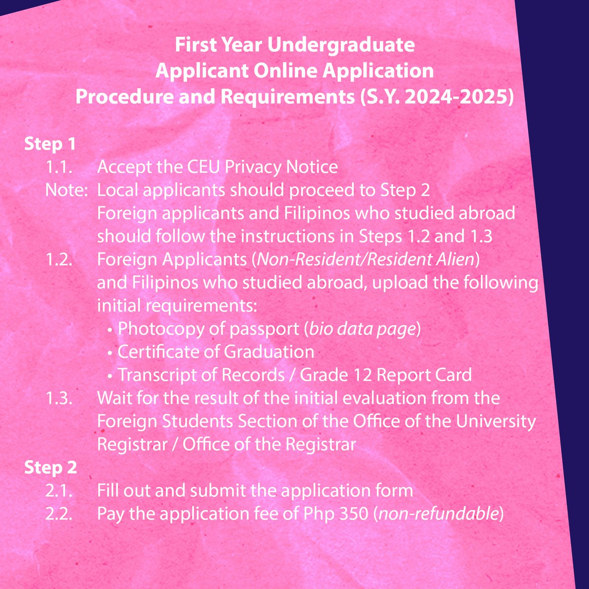 CEUmanila's tweet photo. Discover your greatness with Centro Escolar University!

There will be NO ENTRANCE EXAM for Undergraduate Admission for SY 2024-2025.

Get started with your application by visiting our CEU Admissions Portal (https://t.co/hiapJ75aiZ). https://t.co/CoOzvK4Z9V