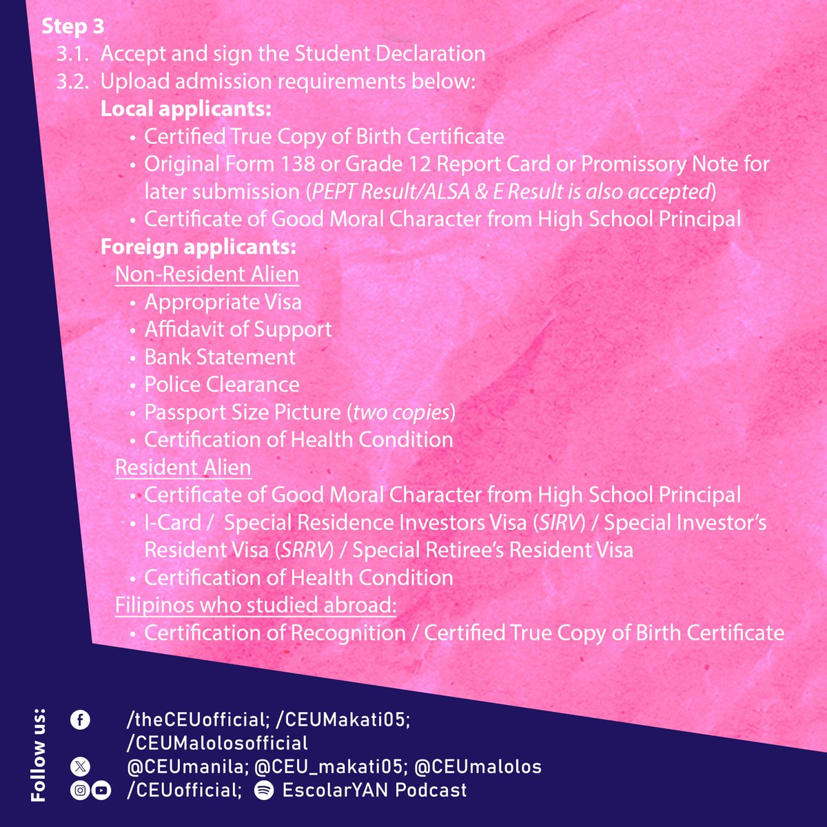 CEUmanila's tweet photo. Discover your greatness with Centro Escolar University!

There will be NO ENTRANCE EXAM for Undergraduate Admission for SY 2024-2025.

Get started with your application by visiting our CEU Admissions Portal (https://t.co/hiapJ75aiZ). https://t.co/CoOzvK4Z9V