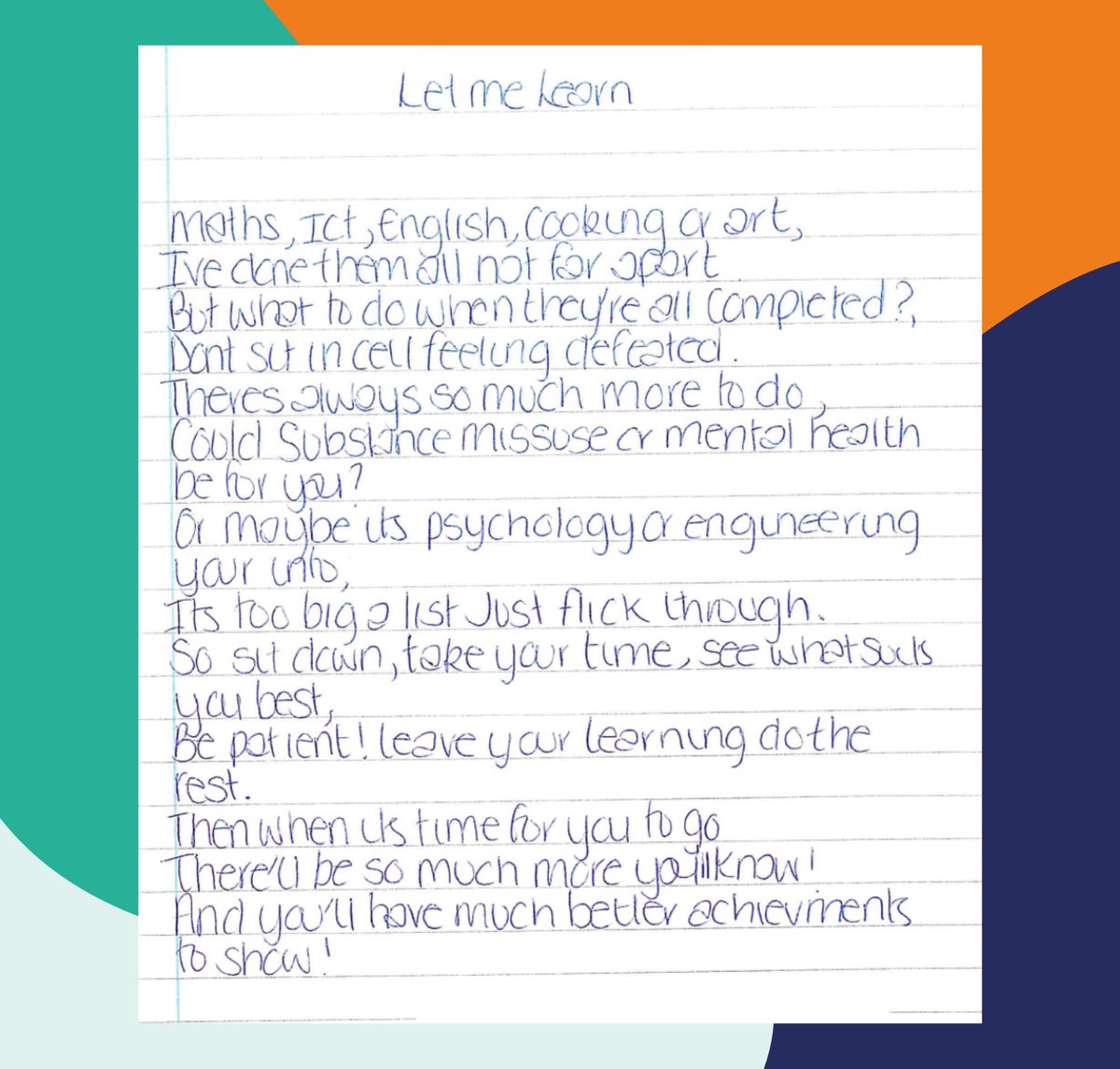 Prisoners' Education Trust (@prisonersed) on Twitter photo We had a positive visit to <a href="/HMPEastwoodPark/">HMP Eastwood Park</a> before the festive break to hear a panel of learners share their journeys and to celebrate their success.
This poem is written by a learner there who had just started her studies. Her first ever poem! We had a positive visit to <a href="/HMPEastwoodPark/">HMP Eastwood Park</a> before the festive break to hear a panel of learners share their journeys and to celebrate their success.
This poem is written by a learner there who had just started her studies. Her first ever poem!