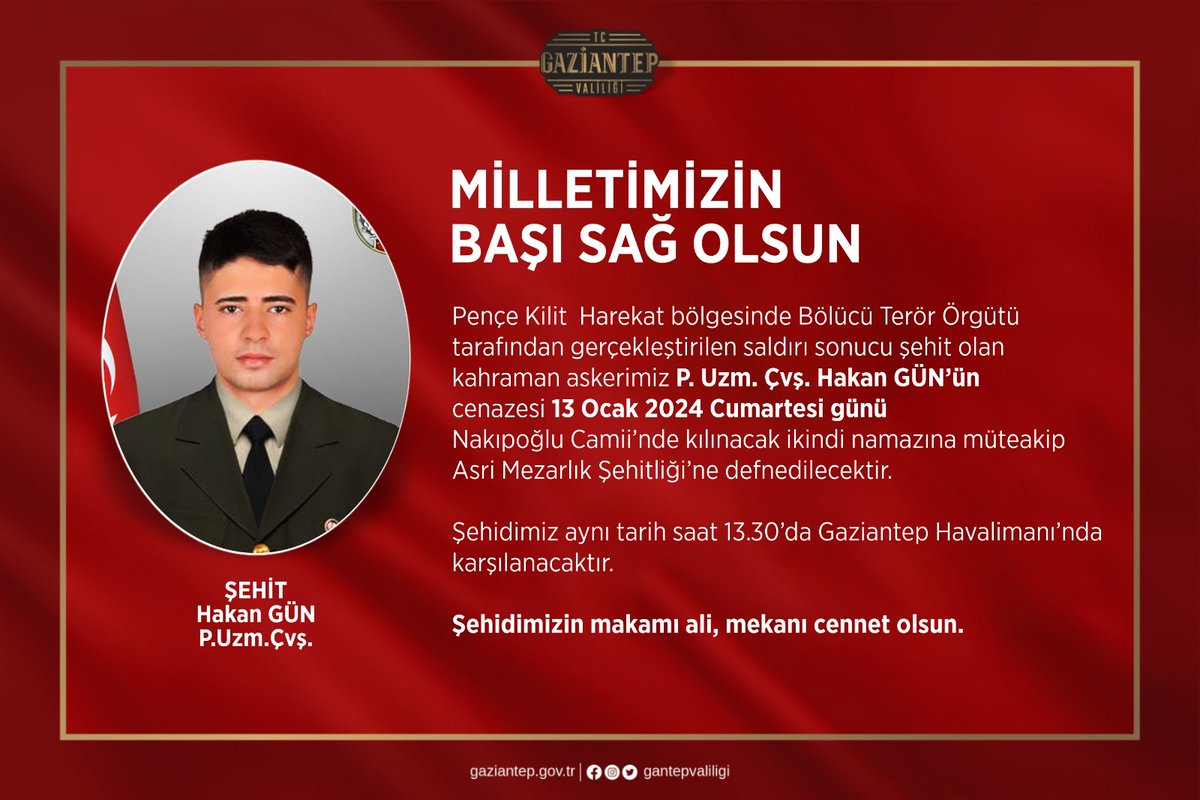 Pençe-Kilit Harekâtı bölgesinde hain teröristlerle çıkan çatışmada şehit olan kahraman askerimiz, hemşehrimiz Hakan Gün'e Allah'tan rahmet, kederli ailesi, yakınları ve silah arkadaşlarına sabır diliyorum. Başımız sağ olsun. 🇹🇷