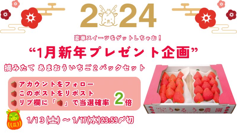 uluu_noen's tweet photo. 【🎁プレゼント企画🎁】

2024年　初プレゼントは
摘みたて！あまおういちご２パック

✨２名様✨にプレゼント🎉🎉

【 応募方法】
🍓@uluu_noen　をフォロー
🍓このポストをリポスト(リツイート)
🍓リプ欄に「🍓」で当選確率2倍
〆切1月17日(水)23:59まで

みなさまのご応募おまちしてます👩‍🌾 https://t.co/GyUw6nDqmK