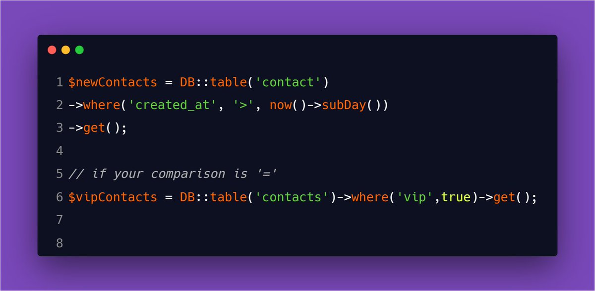 TalhaCode's tweet image. where()
Allows you to limit the scope of what’s being returned using WHERE. By default, the signature of the where() method takes three parameters—the column, the comparison operator, and the value.
However, if your comparison is =, drop the second operator.
#laravel #php