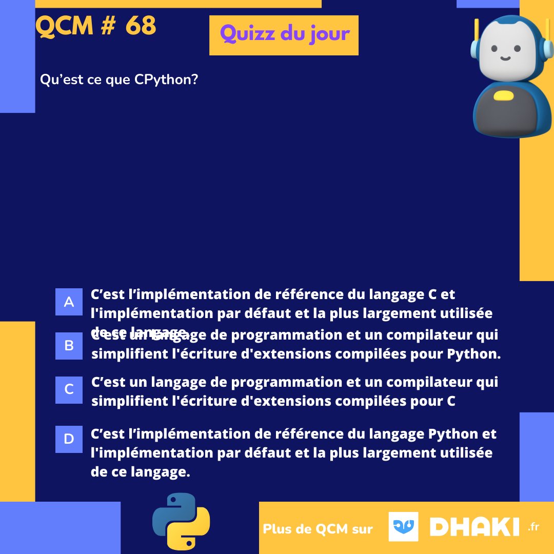 Python_QCM's tweet image. "Testez vos connaissances en Python avec notre quizz du jour ! Répondez en commentaire et défiez vos amis ! #Python #Quizz"