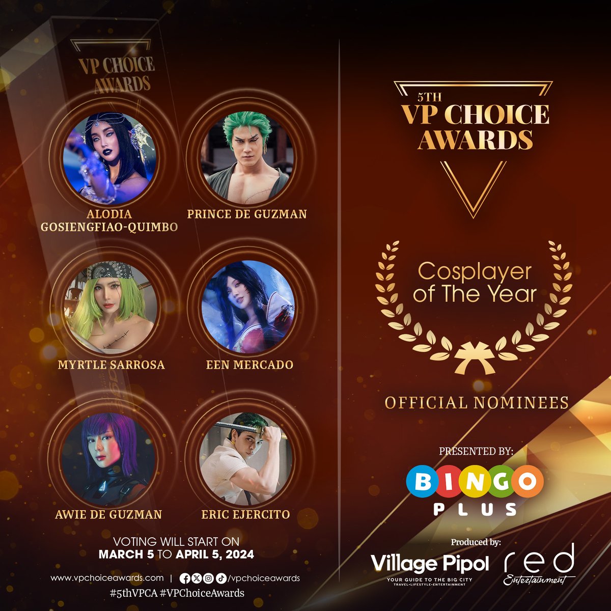 vpchoiceawards's tweet photo. Here are the #5thVPChoiceAwards official nominees for 🏆Cosplayer of the Year ✨

Pipol, you have the power to choose this year's winner! Voting will open on March 5 to April 5, 2024. For more details, visit: https://t.co/1amPebmnRd
#5thVPCANomineesReveal #5thVPCA #VPChoiceAwards https://t.co/VTPIJHrp5s