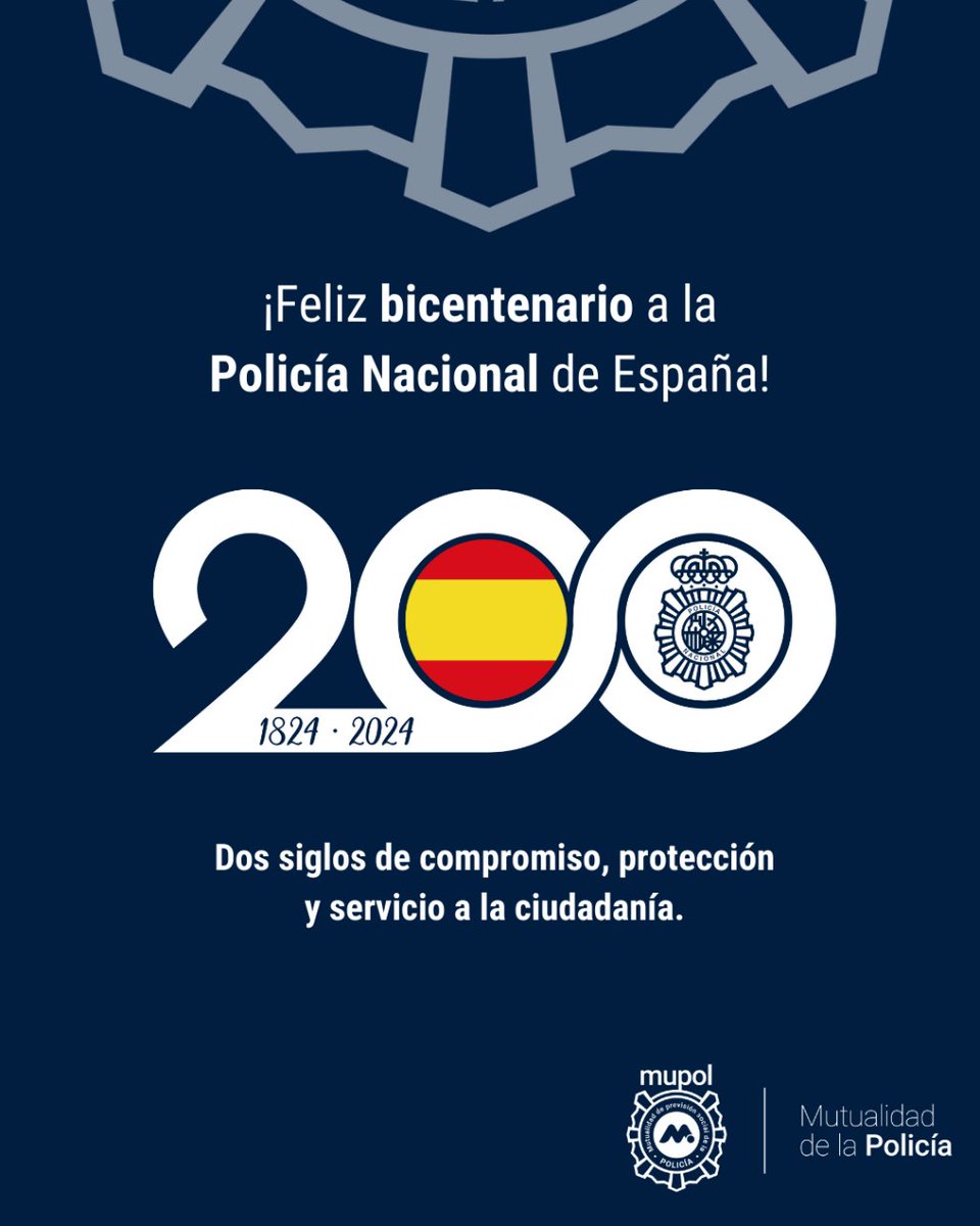 polimupol's tweet photo. ¡Hoy celebramos con orgullo el #bicentenario de la @policia Nacional de España! 🥳🎉

Gracias a todos los hombres y mujeres que contribuyen a mantener la #seguridad y el #orden de la ciudadanía. 👮‍♂️👮‍♀️💙

#policianacional #mupol #mutuapolicianacional #mupolplus https://t.co/QGlcjPNs5p