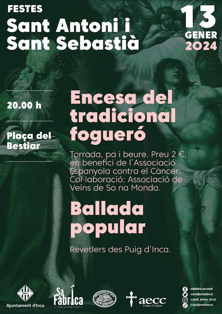 Això és AVUI👇 👇

🔥Vine al tradicional fogueró de Sant Antoni i col·labora amb l'Associació Espanyola contra el Càncer.

🎵🎶 Ballada popular a càrrec dels Revetlers des Puig d'Inca.