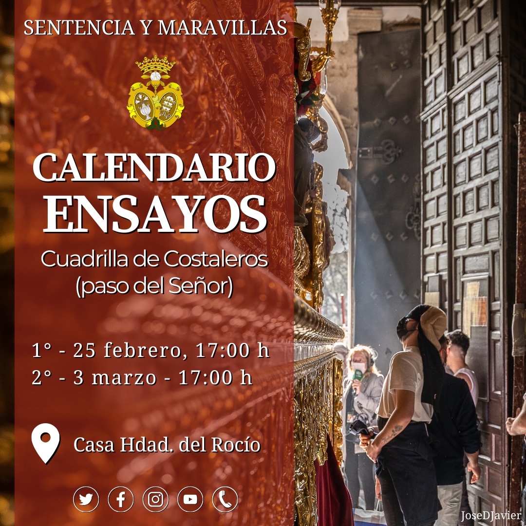 SentenciaGR's tweet photo. ENSAYOS 2024 | Calendario de ensayos de la cuadrilla de costaleros. 

Igualá General (ambos pasos).
📆 20 de enero.
🕕 12:45 h. 
📍 Casa Hdad del Rocío (C/ Tiburón 7).
👟 Zapatilla blanca (Cristo) y negra (Virgen). 
ℹ️ Asistencia obligatoria para antiguos miembros y aspirantes. https://t.co/He9OG5jyfx
